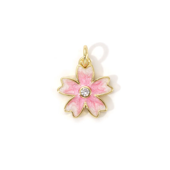 Immagine di 2 PCs Eco-friendly Brass Charms 18K Real Gold Plated Pink Enamel Sakura Flower Pearlized 17mm x 13mm