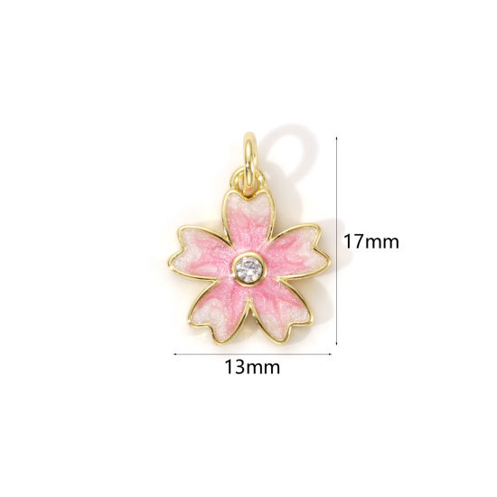 Immagine di 2 PCs Eco-friendly Brass Charms 18K Real Gold Plated Pink Enamel Sakura Flower Pearlized 17mm x 13mm