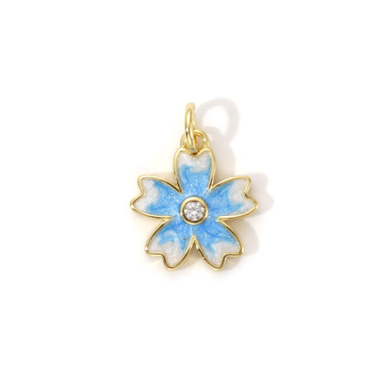 Immagine di 2 PCs Eco-friendly Brass Charms 18K Real Gold Plated Blue Enamel Sakura Flower Pearlized 17mm x 13mm