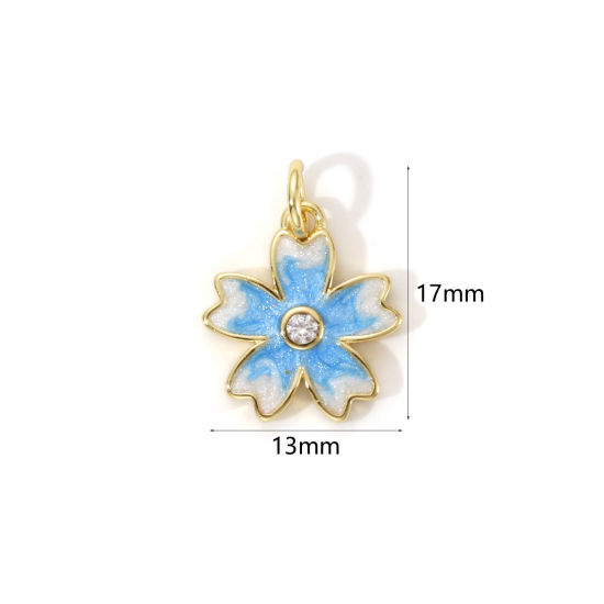 Immagine di 2 PCs Eco-friendly Brass Charms 18K Real Gold Plated Blue Enamel Sakura Flower Pearlized 17mm x 13mm