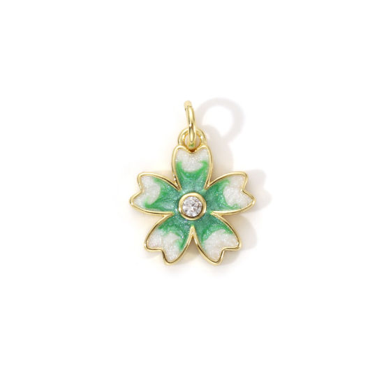 Immagine di 2 PCs Eco-friendly Brass Charms 18K Real Gold Plated Green Enamel Sakura Flower Pearlized 17mm x 13mm