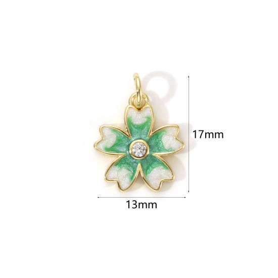 Immagine di 2 PCs Eco-friendly Brass Charms 18K Real Gold Plated Green Enamel Sakura Flower Pearlized 17mm x 13mm