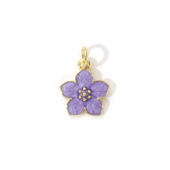 Immagine di 2 PCs Eco-friendly Brass Charms 18K Real Gold Plated Purple Enamel Flower 16mm x 11mm