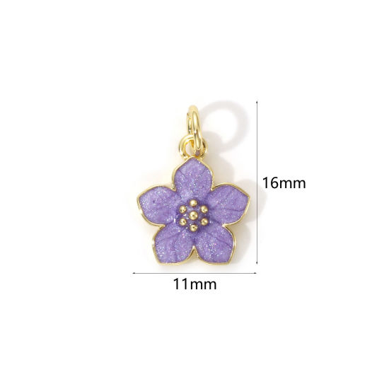 Immagine di 2 PCs Eco-friendly Brass Charms 18K Real Gold Plated Purple Enamel Flower 16mm x 11mm