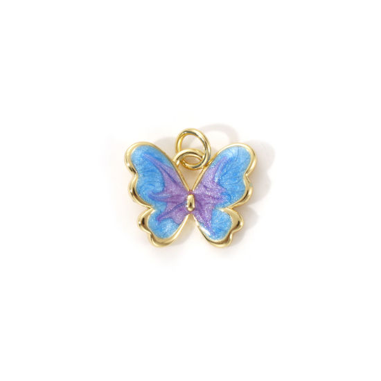 Immagine di 2 PCs Eco-friendly Brass Insect Charms 18K Real Gold Plated Blue Enamel Butterfly Animal Pearlized 15mm x 15mm
