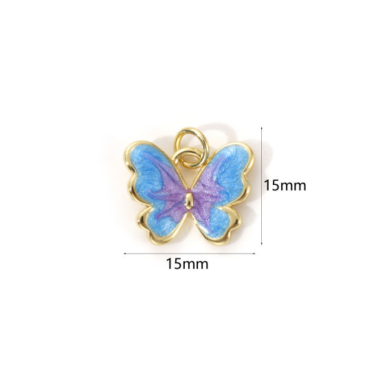 Immagine di 2 PCs Eco-friendly Brass Insect Charms 18K Real Gold Plated Blue Enamel Butterfly Animal Pearlized 15mm x 15mm