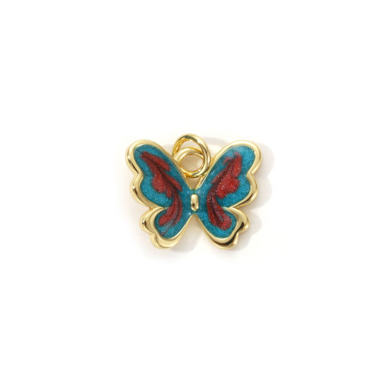 Immagine di 2 PCs Eco-friendly Brass Insect Charms 18K Real Gold Plated Green Enamel Butterfly Animal Pearlized 15mm x 15mm