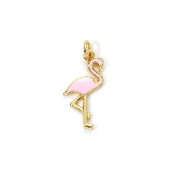 Immagine di 2 Pz Ecologico Ottone Ciondoli 18K Vero Oro Placcato Rosa Chiaro Smalto Fenicottero 24mm x 11mm