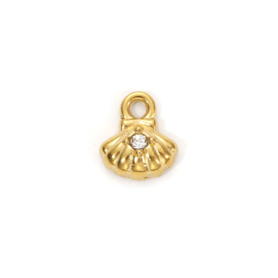 Изображение 1 Piece Eco-friendly PVD Vacuum Plating 304 Stainless Steel Ocean Jewelry Charms 18K Real Gold Plated Shell Micro Pave Clear Cubic Zirconia 10mm x 9mm