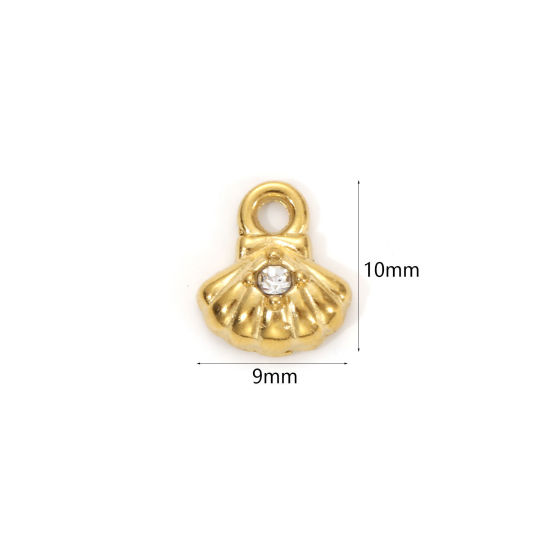 Изображение 1 Piece Eco-friendly PVD Vacuum Plating 304 Stainless Steel Ocean Jewelry Charms 18K Real Gold Plated Shell Micro Pave Clear Cubic Zirconia 10mm x 9mm