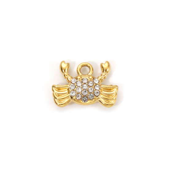 Изображение 1 Piece Eco-friendly PVD Vacuum Plating 304 Stainless Steel Ocean Jewelry Charms 18K Real Gold Plated Crab Animal Micro Pave Clear Cubic Zirconia 12mm x 9mm