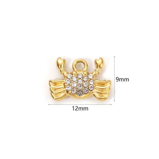 Изображение 1 Piece Eco-friendly PVD Vacuum Plating 304 Stainless Steel Ocean Jewelry Charms 18K Real Gold Plated Crab Animal Micro Pave Clear Cubic Zirconia 12mm x 9mm