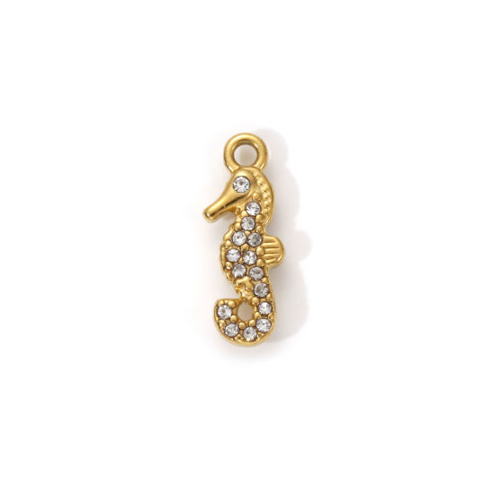 Изображение 1 Piece Eco-friendly PVD Vacuum Plating 304 Stainless Steel Ocean Jewelry Charms 18K Real Gold Plated Seahorse Animal Micro Pave Clear Cubic Zirconia 14mm x 5mm