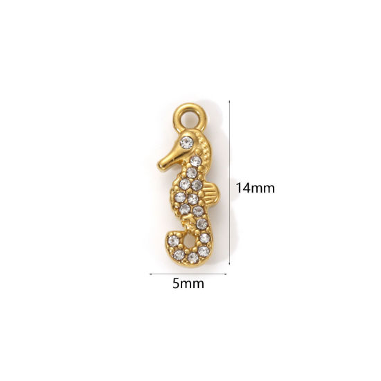 Изображение 1 Piece Eco-friendly PVD Vacuum Plating 304 Stainless Steel Ocean Jewelry Charms 18K Real Gold Plated Seahorse Animal Micro Pave Clear Cubic Zirconia 14mm x 5mm