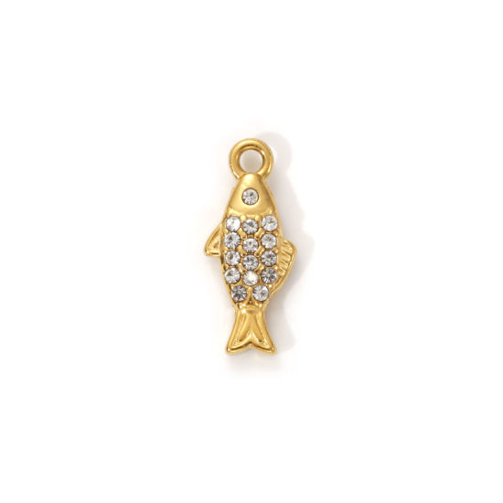 Изображение 1 Piece Eco-friendly PVD Vacuum Plating 304 Stainless Steel Ocean Jewelry Charms 18K Real Gold Plated Fish Animal Micro Pave Clear Cubic Zirconia 14mm x 6mm
