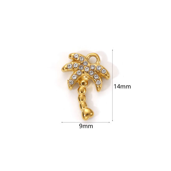Изображение 1 Piece Eco-friendly PVD Vacuum Plating 304 Stainless Steel Charms 18K Real Gold Plated Coconut Palm Tree Micro Pave Clear Cubic Zirconia 14mm x 9mm