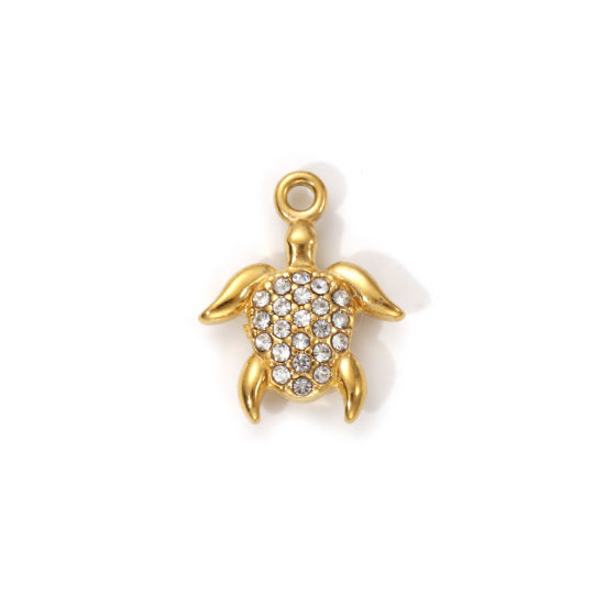Изображение 1 Piece Eco-friendly PVD Vacuum Plating 304 Stainless Steel Ocean Jewelry Charms 18K Real Gold Plated Tortoise Animal Micro Pave Clear Cubic Zirconia 14mm x 11.5mm