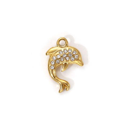 Изображение 1 Piece Eco-friendly PVD Vacuum Plating 304 Stainless Steel Ocean Jewelry Charms 18K Real Gold Plated Dolphin Animal Micro Pave Clear Cubic Zirconia 14mm x 9.5mm