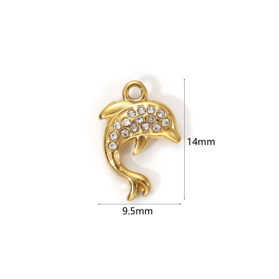 Изображение 1 Piece Eco-friendly PVD Vacuum Plating 304 Stainless Steel Ocean Jewelry Charms 18K Real Gold Plated Dolphin Animal Micro Pave Clear Cubic Zirconia 14mm x 9.5mm