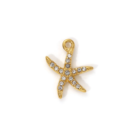 Изображение 1 Piece Eco-friendly PVD Vacuum Plating 304 Stainless Steel Ocean Jewelry Charms 18K Real Gold Plated Star Fish Micro Pave Clear Cubic Zirconia 14mm x 11mm