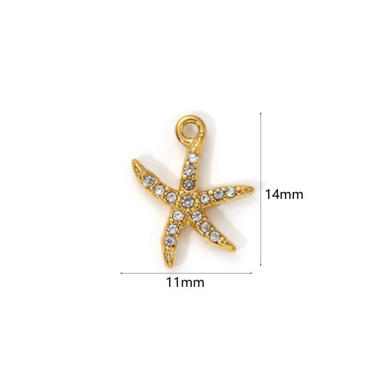 Изображение 1 Piece Eco-friendly PVD Vacuum Plating 304 Stainless Steel Ocean Jewelry Charms 18K Real Gold Plated Star Fish Micro Pave Clear Cubic Zirconia 14mm x 11mm