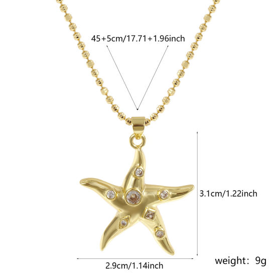 Imagen de 18K Oro Real Chapado Cadenas de Bola Estrella de mar Collar con Colgante, Latón 45cm + 5cm, Para Mujeres, Claro Circón Artificial Elegante Joyería del océano Regalo, Respetuoso del Medio Ambiente, 1 Unidad