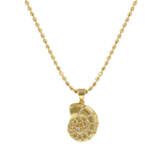Imagen de 18K Oro Real Chapado Cadenas de Bola Caracola Collar con Colgante, Latón 45cm + 5cm, Para Mujeres, Claro Circón Artificial Elegante Joyería del océano Regalo, Respetuoso del Medio Ambiente, 1 Unidad