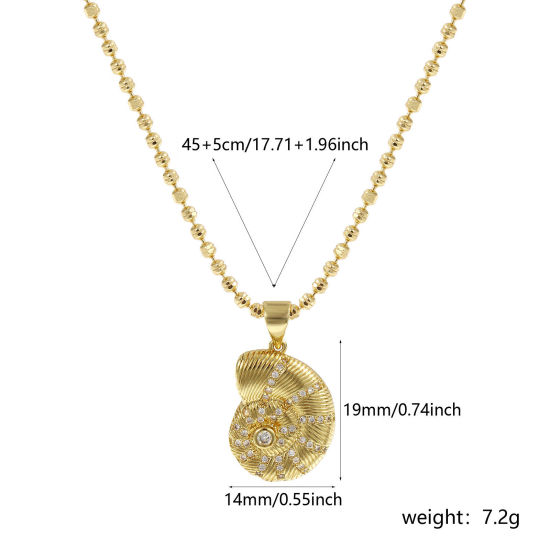 Imagen de 18K Oro Real Chapado Cadenas de Bola Caracola Collar con Colgante, Latón 45cm + 5cm, Para Mujeres, Claro Circón Artificial Elegante Joyería del océano Regalo, Respetuoso del Medio Ambiente, 1 Unidad