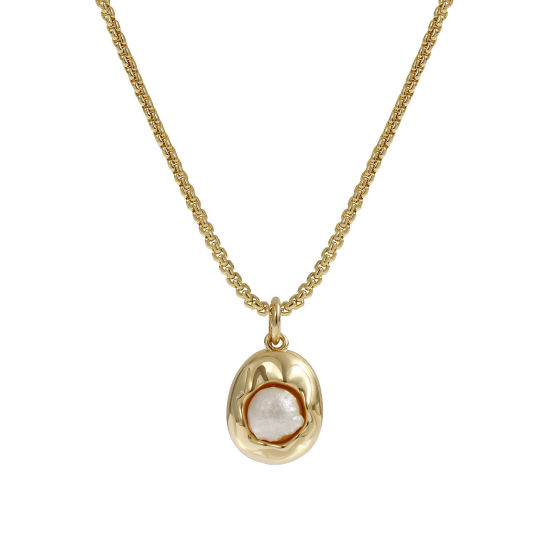 Imagen de 18K Oro Real Chapado Cadena de Cable Cruz Óvalo Collar con Colgante, Latón & Acrílico 45cm + 5cm, Para Mujeres, Blanco Imitación de perla, Elegante Sencillo Regalo, Respetuoso del Medio Ambiente, 1 Unidad