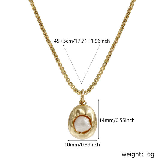 Imagen de 18K Oro Real Chapado Cadena de Cable Cruz Óvalo Collar con Colgante, Latón & Acrílico 45cm + 5cm, Para Mujeres, Blanco Imitación de perla, Elegante Sencillo Regalo, Respetuoso del Medio Ambiente, 1 Unidad