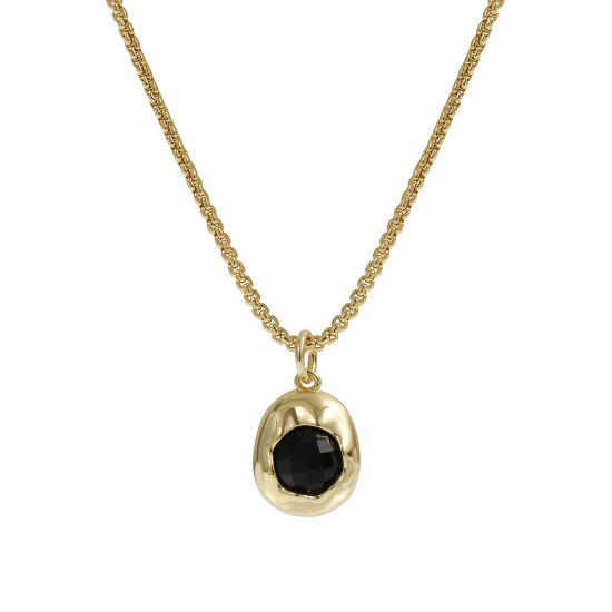 Imagen de 18K Oro Real Chapado Cadena de Cable Cruz Óvalo Collar con Colgante, Latón & Acrílico 45cm + 5cm, Para Mujeres, Negro Elegante Sencillo Regalo, Respetuoso del Medio Ambiente, 1 Unidad