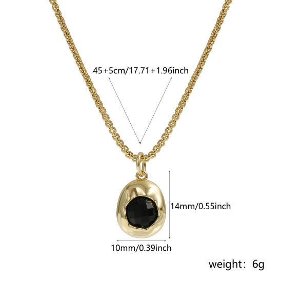 Imagen de 18K Oro Real Chapado Cadena de Cable Cruz Óvalo Collar con Colgante, Latón & Acrílico 45cm + 5cm, Para Mujeres, Negro Elegante Sencillo Regalo, Respetuoso del Medio Ambiente, 1 Unidad