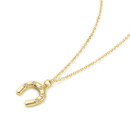Immagine di 1 Piece Eco-friendly Stylish West Cowboy 18K Real Gold Plated Transparent Clear Brass & Cubic Zirconia Link Cable Chain Luck Horseshoe Pendant Charm Necklace For Women Gift 46cm(18.1") + 6cm(2.4") long