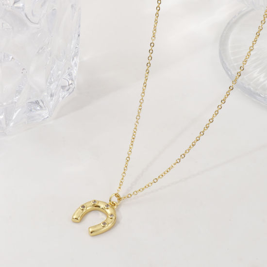 Immagine di 1 Piece Eco-friendly Stylish West Cowboy 18K Real Gold Plated Transparent Clear Brass & Cubic Zirconia Link Cable Chain Luck Horseshoe Pendant Charm Necklace For Women Gift 46cm(18.1") + 6cm(2.4") long