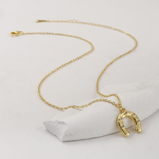 Immagine di 1 Piece Eco-friendly Stylish West Cowboy 18K Real Gold Plated Transparent Clear Brass & Cubic Zirconia Link Cable Chain Luck Horseshoe Pendant Charm Necklace For Women Gift 46cm(18.1") + 6cm(2.4") long
