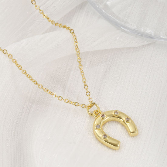 Immagine di 1 Piece Eco-friendly Stylish West Cowboy 18K Real Gold Plated Transparent Clear Brass & Cubic Zirconia Link Cable Chain Luck Horseshoe Pendant Charm Necklace For Women Gift 46cm(18.1") + 6cm(2.4") long