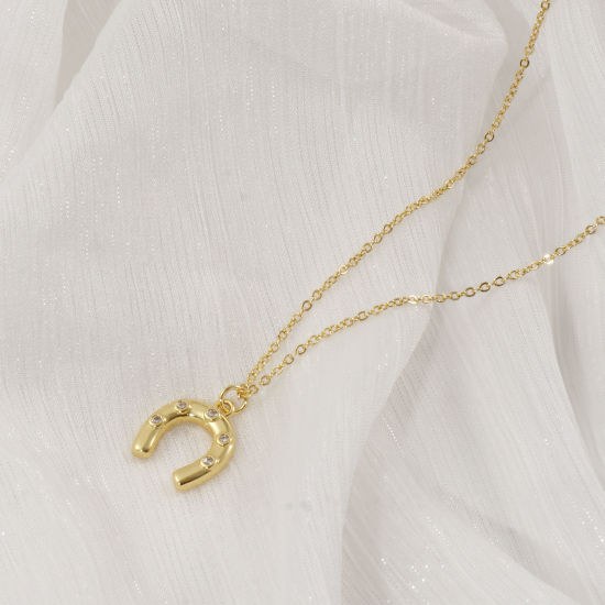 Immagine di 1 Piece Eco-friendly Stylish West Cowboy 18K Real Gold Plated Transparent Clear Brass & Cubic Zirconia Link Cable Chain Luck Horseshoe Pendant Charm Necklace For Women Gift 46cm(18.1") + 6cm(2.4") long