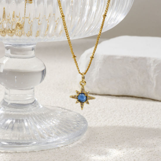 Picture of 18K Real Gold Plated Curb Link Chain Star Pendant Charm Necklace, Brass 45cm(17.7") + 5cm(2"), For Women, Clear Cubic Zirconia Dark Blue Exquisite Galaxy Gift, Eco-friendly, 1 Piece