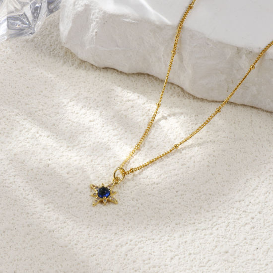 Picture of 18K Real Gold Plated Curb Link Chain Star Pendant Charm Necklace, Brass 45cm(17.7") + 5cm(2"), For Women, Clear Cubic Zirconia Dark Blue Exquisite Galaxy Gift, Eco-friendly, 1 Piece