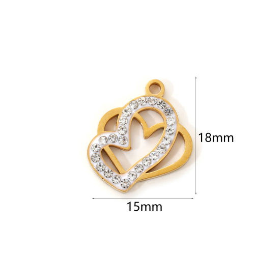 Immagine di 2 Pz Placcatura Sottovuoto PVD Ecologica 304 Acciaio Inossidabile San Valentino Ciondoli 18K Vero Oro Placcato Bianco Smalto Cuore Micro Spianare Trasparente Strass 18mm x 15mm