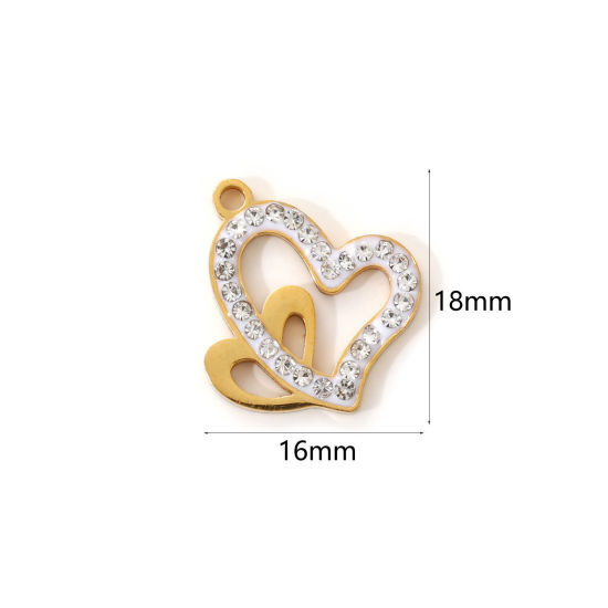 Immagine di 2 Pz Placcatura Sottovuoto PVD Ecologica 304 Acciaio Inossidabile San Valentino Ciondoli 18K Vero Oro Placcato Bianco Smalto Cuore Micro Spianare Trasparente Strass 18mm x 16mm