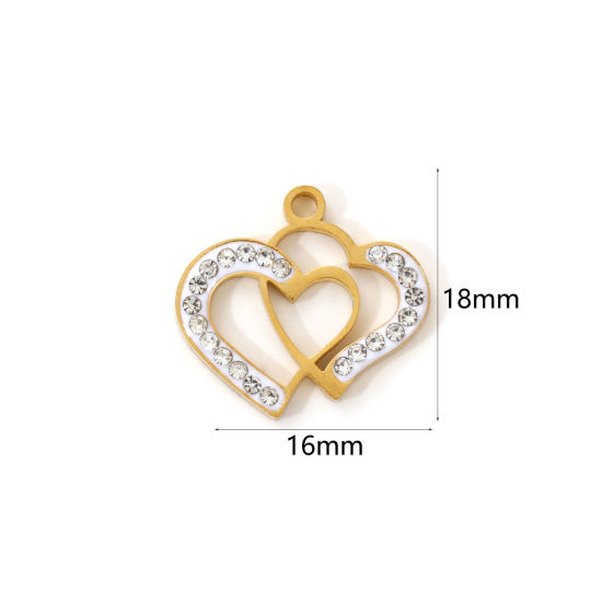 Immagine di 2 Pz Placcatura Sottovuoto PVD Ecologica 304 Acciaio Inossidabile San Valentino Ciondoli 18K Vero Oro Placcato Bianco Smalto Cuore Micro Spianare Trasparente Strass 18mm x 16mm