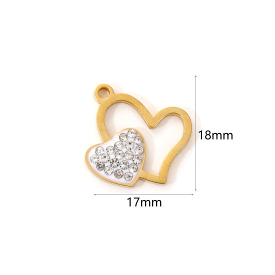 Immagine di 2 Pz Placcatura Sottovuoto PVD Ecologica 304 Acciaio Inossidabile San Valentino Ciondoli 18K Vero Oro Placcato Bianco Smalto Cuore Micro Spianare Trasparente Strass 18mm x 17mm