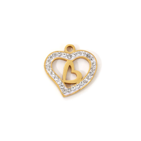 Immagine di 2 Pz Placcatura Sottovuoto PVD Ecologica 304 Acciaio Inossidabile San Valentino Ciondoli 18K Vero Oro Placcato Bianco Smalto Cuore Micro Spianare Trasparente Strass 16mm x 16mm