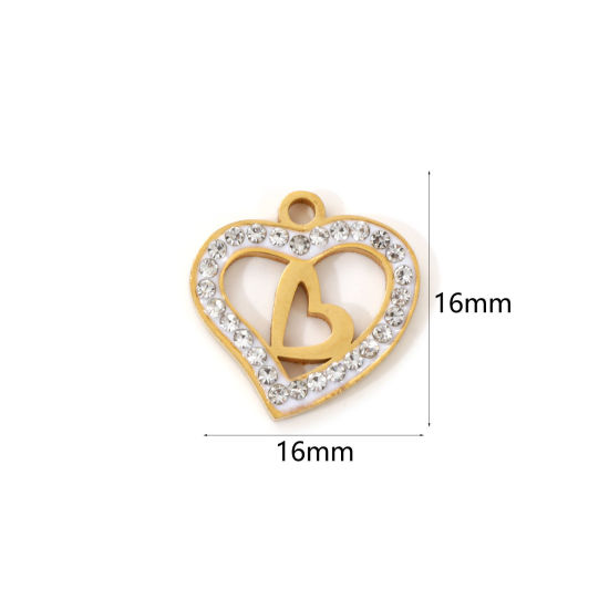 Immagine di 2 Pz Placcatura Sottovuoto PVD Ecologica 304 Acciaio Inossidabile San Valentino Ciondoli 18K Vero Oro Placcato Bianco Smalto Cuore Micro Spianare Trasparente Strass 16mm x 16mm