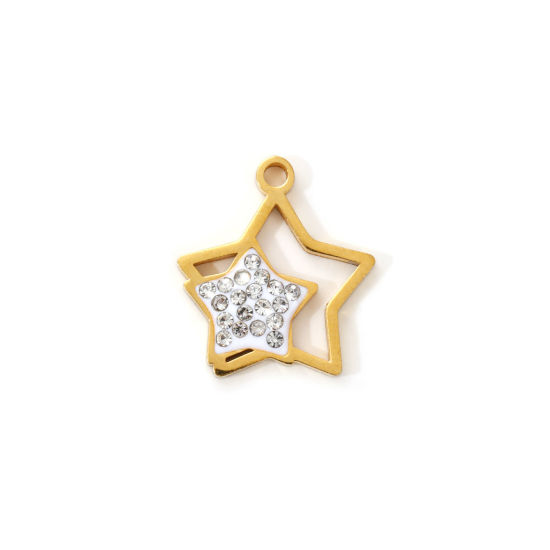 Immagine di 2 Pz Placcatura Sottovuoto PVD Ecologica 304 Acciaio Inossidabile Galassia Ciondoli 18K Vero Oro Placcato Bianco Smalto Stella a Cinque Punte Micro Spianare Trasparente Strass 18mm x 16mm