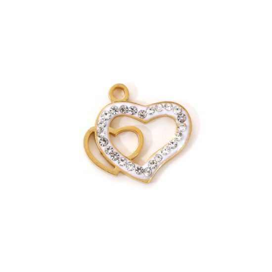 Immagine di 2 Pz Placcatura Sottovuoto PVD Ecologica 304 Acciaio Inossidabile San Valentino Ciondoli 18K Vero Oro Placcato Bianco Smalto Cuore Micro Spianare Trasparente Strass 17mm x 16mm