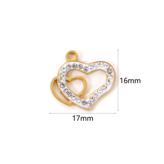 Immagine di 2 Pz Placcatura Sottovuoto PVD Ecologica 304 Acciaio Inossidabile San Valentino Ciondoli 18K Vero Oro Placcato Bianco Smalto Cuore Micro Spianare Trasparente Strass 17mm x 16mm