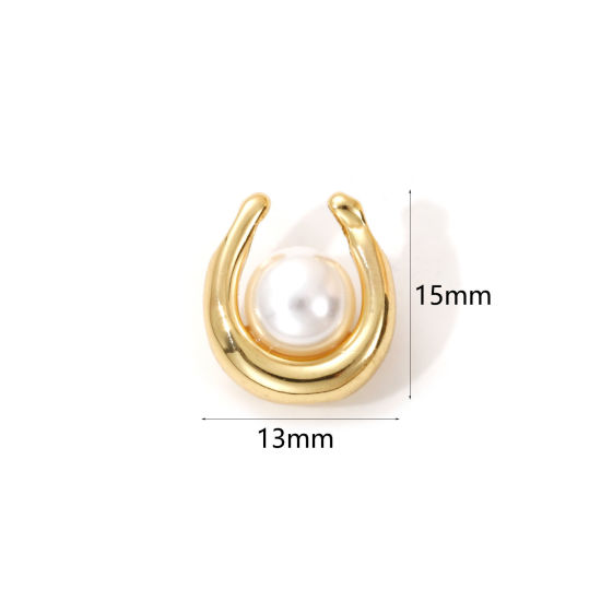 Picture of 1 Piece Brass Charms 18K Gold Plated White U Shaped Acrylic Imitation Pearl 15mm x 13mm