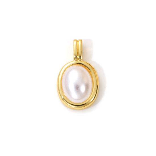 Picture of 1 Piece Brass Charms 18K Gold Plated White Oval Acrylic Imitation Pearl 18mm x 10.5mm